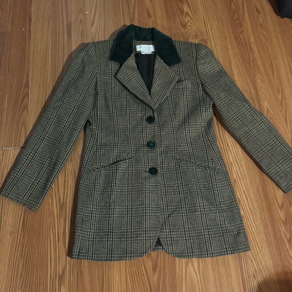 Petite Sophisticate Green Houndstooth Tweed Velvet‎ Women's Jacket Blazer Size 2